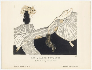 Les Quatre Bouquets, 1920 - Benito, Robe du soir garnie de fleurs. La Gazette du Bon Ton, n°7 — Planche 50