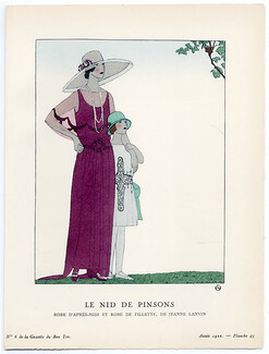 Le Nid de Pinsons, 1922 - A. E. Marty, Robe d'après-midi et robe de fillette de Jeanne Lanvin. La Gazette du Bon Ton, n°6 — Planche 45