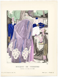Bouquet de Violettes, 1921 - Pierre Mourgue, Manteau du soir de Beer. La Gazette du Bon Ton, n°9 — Planche 69