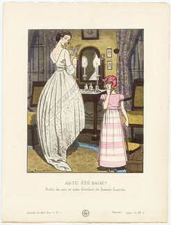 As-tu été sage ?, 1920 - Pierre Brissaud, Robe du soir et robe d'enfant de Jeanne Lanvin. La Gazette du Bon Ton, n°1 — Planche 6