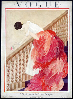 George Plank 1925 Vogue Cover, Evening Gown, Feathers, Rose