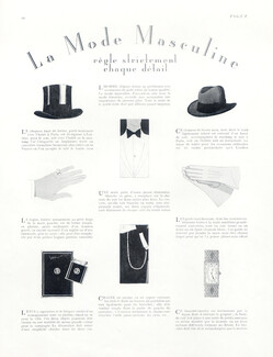 La Mode Masculine, 1928 - The Fashionable Man Hat, Cigarette Box, Watch, Gloves, Jewel...