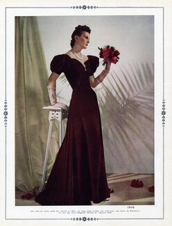 Worth 1941 Robe en moire, Evening Gown, Gants brodés d'or d'Hermès