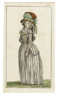 Journal des Luxus und der Moden 1788 n°8, Lady with Rococo Hat Gown Corset, Rare Hand-colored engraving