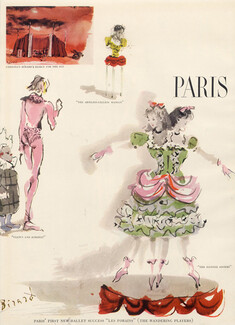 Christian Bérard 1945 Paris Spotlight "Les Forains" Siamese Sisters, Clown and Acrobat, 2 pages