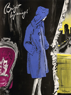 René Bouché 1942 Lord and Taylor Blue Coat, Green Suit, Carolyn Modes, Arnold Constable