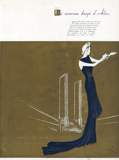 René Gruau 1937 Alix, Jacques Heim, Nina Ricci, Lucien Lelong, Worth, Boutemy, Louise Bourbon, Evening Gowns, 4 pages