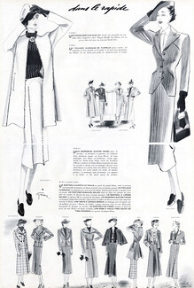 René Gruau 1937 Maggy Rouff, Jane Regny, Jean Patou, Carette, Burberrys, etc..., 4 pages