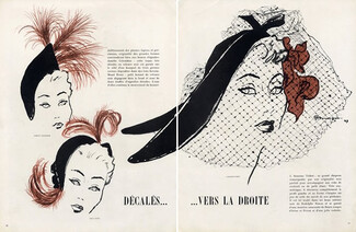 Pierre Mourgue 1949 Janette Colombier, Maud Roser, Suzanne Talbot, Feathers, Veil, Fashion Illustration Hats