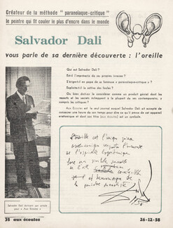 Salvador Dali 1958 Newspaper article "The Ear" Autograph
