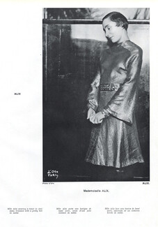 Alix 1934 Mlle Alix wearing a Tunic in steel lamé, belt in metal