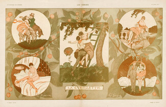 Savy 1917 "La cueillette" Les Cerises, Picking Cherries, Lovers Kiss