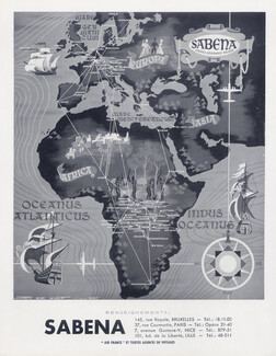 Sabena (Airlines) 1952 Africa, Europa, Asia, Jef de Wulf d'après Dohet