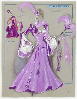 Fost 1942 "La Veuve Joyeuse", Hélène LAVOISIER as Sylvia Bogdanovitch and Raymonde DUBOIS as Olga Kromsky, original costume design, gouache,