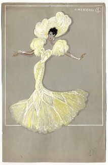 Fost 1942 "La Veuve Joyeuse" Théâtre Mogador, Ninon Demi-Mondaine (Acte I), original costume design, gouache