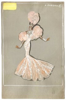 Fost 1942 "La Veuve Joyeuse" Théâtre Mogador, Suzon Demi-Mondaine (Acte I), original costume design, gouache