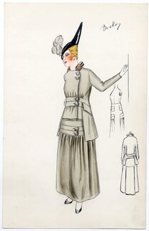 Bernard & Cie (Couture) 1910 "Bosko" Original Fashion Drawing, Indian ink and gouache