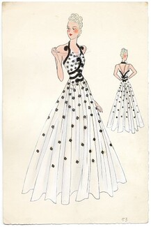 Robert Piguet (Couture) 1940s Original Fashion Drawing, Indian ink and watercolor, evening gown