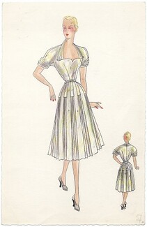 Robert Piguet (Couture) 1940s Original Fashion Drawing, Indian ink and watercolor