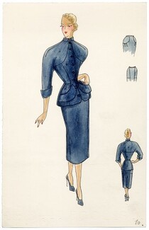 Robert Piguet (Couture) 1940s Original Fashion Drawing, Indian ink and watercolor