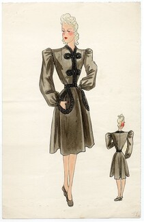 Robert Piguet 1940s Original Fashion Drawing, Indian ink and watercolor