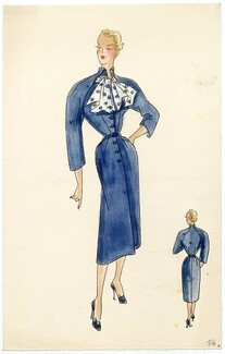 Robert Piguet (Couture) 1940s Original Fashion Drawing, Indian ink and watercolor