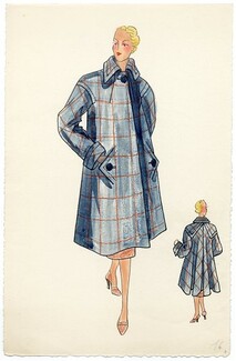 Robert Piguet (Couture) 1940s Original Fashion Drawing, Indian ink and watercolor