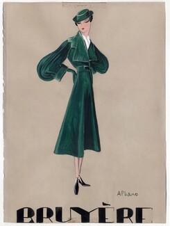 Bruyère 1930s, "Albano" Original fashion drawing, gouache