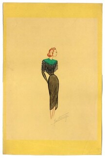 Jean Dessès 30-40s, Original fashion drawing, signed Jean Dessès