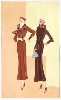 Odette Peyron 1930s, Original fashion drawing, gouache, coats