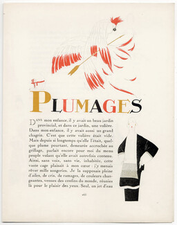 Plumages, 1920 - Benito Bird Feathered Dresses, La Gazette du Bon Ton, Text by Nicolas Bonnechose, 4 pages