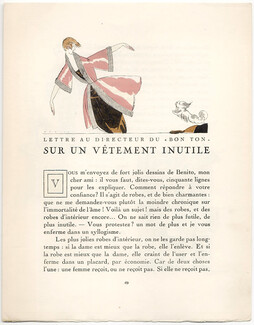 Sur un Vêtement Inutile, 1920 - Eduardo Garcia Benito Housecoats, La Gazette du Bon Ton, Texte par Nicolas Bonnechose, 4 pages