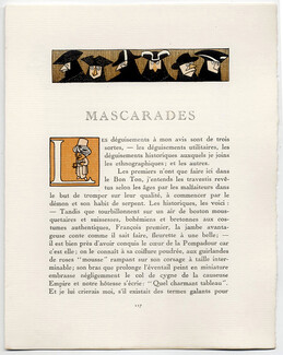 Mascarades, 1913 - Markous Carnival costume, Pierrot, Aladin, Harlequin, La Gazette du Bon Ton, Text by Jean Besnard, 4 pages