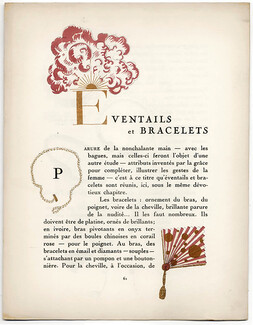 Éventails & Bracelets, 1920 - Georges Lepape Fans, Cartier, Bastard to Robert Linzeler, La Gazette du Bon Ton, Text by Célio, 3 pages