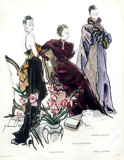 Pierre Louchel 1946 Jacques Fath, Mad Carpentier, Pierre Balmain, evening gown, Staron