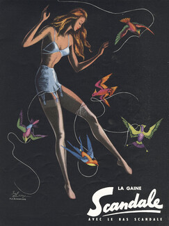 Scandale (Lingerie) 1955 Girdle Bra Stockings, Birds, S.N. Lesage