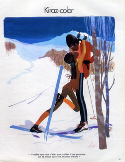 Edmond Kiraz 1973 ski instructor and his student, Kiss, winter sports