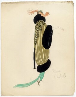Denise Charleville 1925 Original Fashion Drawing, "Salon de la Mode par les Artistes", Art deco, evening coat
