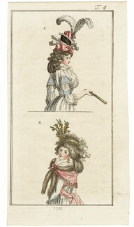 Journal des Luxus und der Moden 1792 n°4 Rococo Hats, Rare Hand-colored engraving
