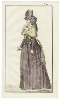 Journal des Luxus und der Moden 1793 n°11, Lady in Hunting Dress, Pocket Watch, Hand-colored engraving