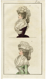 Journal des Luxus und der Moden 1793 n°13, Bonnets, Hand-colored engraving