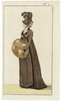 Journal des Luxus und der Moden 1799 n°1, Coat with Hat, Fur Muff, Hand-colored engraving