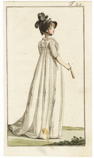 Journal des Luxus und der Moden 1799 n°25, White Dress Black Feathers Hat, Fan, Hand-colored engraving