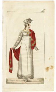 Journal des Luxus und der Moden c.1800 n°26, Festive dress with Cachemire shawl hat Empire, Hand-colored engraving