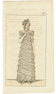 Journal des Luxus und der Moden c.1800 n°32, Festive dress gloves hat headdress Empire, Hand-colored engraving