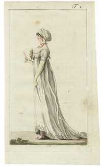 Journal des Luxus und der Moden 1803 n°1, Wife in Empire style Chemise bonnet, Hand-colored engraving