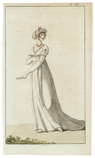 Journal des Luxus und der Moden 1804 n°10, Pretty girl in Empire Hood Hat Dress, Hand-colored engraving