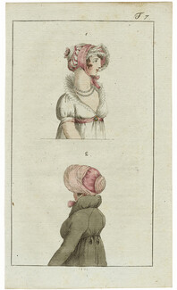Journal des Luxus und der Moden 1806 n°7, Women's Hats Bonnets, Empire, Hand-colored engraving