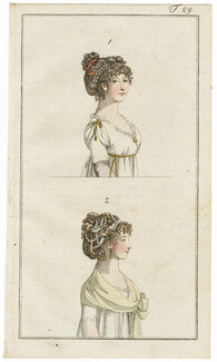 Journal des Luxus und der Moden 1798 n°29, Hairstyles Hair Pearls, Hand-colored engraving