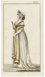 Journal des Luxus und der Moden 1798 n°21, Dress with Bonnet, Fan, Hand-colored engraving